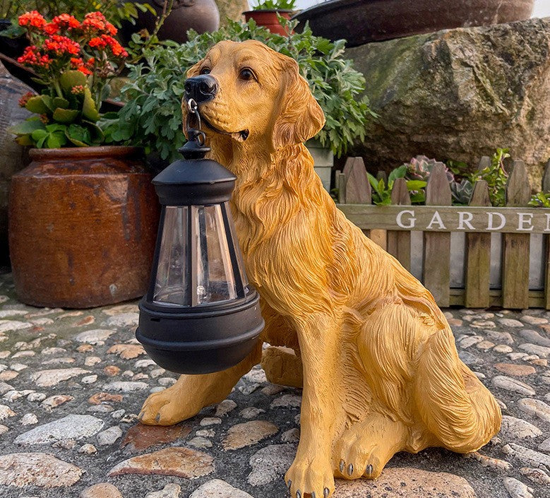 LEDランタン付きの太陽犬の像 - 装飾と光