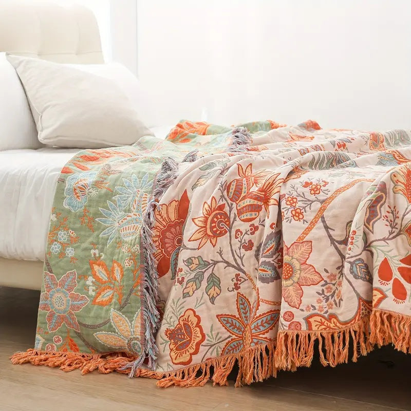 Pătură Boho cu Motive Florale și Franjuri 